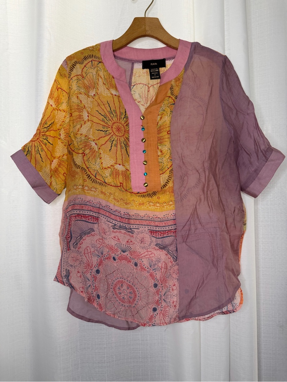 RAIN Patchwork Print Blouse Size M Sheer Art to Wear Tunic Boho